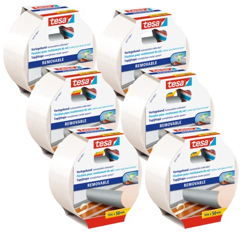 tesa Verlegeband rückstandsfrei entfernbar im 6er Pack - Gewebeverstärktes, doppelseitiges Klebeband zum Verkleben von Teppich- und PVC-Bodenbelägen - 6 Rollen je 10 m x 50 mm