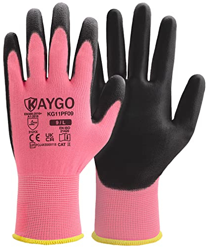KAYGO 12 Paar Arbeitshandschuhe für Herren Damen, PU beschichtet Schutzhandschuhe, antirutsch Griff an Handflächen und Fingern, Geeignet für DIY allgemeine Arbeit Gartenarbeit (Rosa, M, Gr 8)