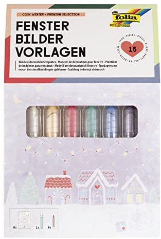 folia 39249 - Kit Premium de décors de fenêtre Cosy Winter avec 8 modèles Design préimprimés sur Le thème de l'hiver, de Noël et de l'automne, 7 marqueurs à Craie Inclus