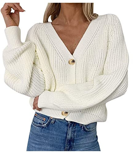 New Ladies Women’s Knitted Long Sleeve 3 Button Down Cardigans Cable Knit Chunky Cardigan Top Cardigans White
