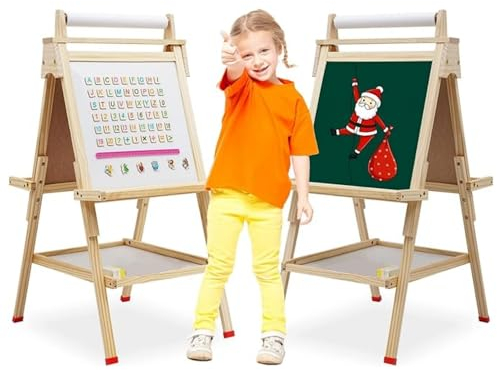 Lavagna in Legno per Bambini, Altezza Regolabile Cavalletto per Bambini con Rotolo di Carta, Lavagna Bianca su Due Lati, con Numeri e Altri Accessori per 3 + Anni Regalo