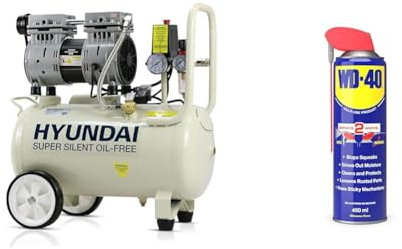 Hyundai HY7524 24 Litre Air Compressor, 5.2cfm/100psi, Silenced & WD-40 Multi-Use Smart Straw 450ml Spray Aerosol Can Clean Rust Lubricant, Blue