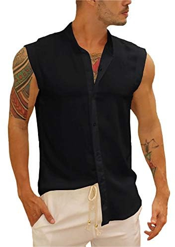 Runcati Chemise sans manches pour homme - En coton - Pour les vacances, les loisirs - Coupe universelle, Noir , XL
