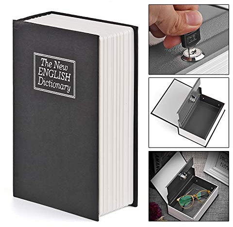 Book Safe With Key Lock, Portable Money Storage Box, 7.1 * 4.7 * 2.3in Hidden Steel Code Secret Book, Diversion Can for Storing Jewelry, Black