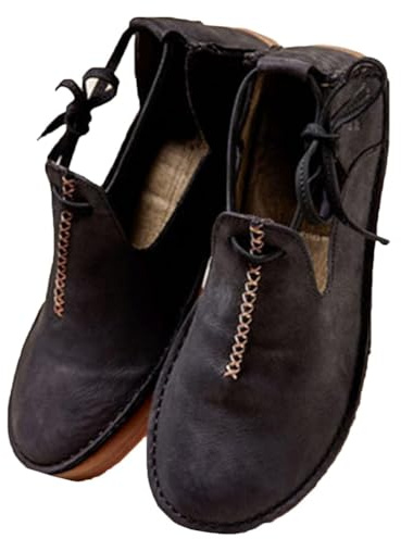 ORANDESIGNE Chaussures à Fond Plat en Cuir PU Médiéval Bottes de Sorcière Renaissance avec Talon Bas Steampunk Retro Casual Leather Boots Chaussures en Cuir à Tête Ronde pour Femmes A Noir 41 EU