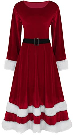 Tomteklänning jul sammet damer fin dam mjuk outfit kostym damklänning alla långärmade klänningar för kvinnor