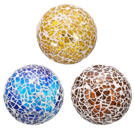 QUARKZMAN 3 stycken dekorativa glaskulor, 6 cm (2,36 tum) orbs mittstycke kulor, mosaik, glasboll, för dekorativa skålar, vaser, matbord fest, guldton, blå, brun
