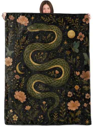 WKEDIN Mystical Snake Blanket,50x60in,Cozy Flannel Throw with Elegant Green Serpent Floral Moon Star Butterfly Design,Soft Lightweight Gifts Blankets for Adults,Sofa Bed Travel Gothic Witchy Decor