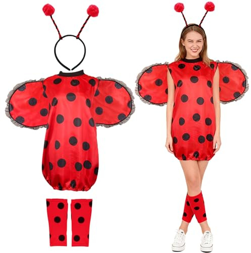 Nirecu Déguisement Coccinelle Adulte,Robe Coccinelle Grande Taille avec Ailes, Serre Tête,Cosplay Deguisement Femme,Costume pour Carnaval Fête（XXL）