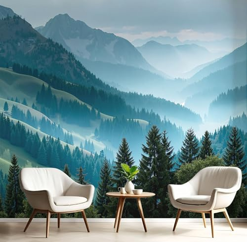 JEDTAKCT Papier Peint Panoramique Forêt Brumeuse 400X280Cm (Lxh) - Revêtement Mural Décoration Pour Chambre Salon Cuisine - 3D Peinture Murale Interieur Paysage De Montagne - Vert Foncé