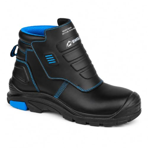 BWOLF Welder Pro HI S3 Chaussures de travail ignifuges avec semelle en polyuréthane et caoutchouc antidérapante en cuir résistant à la chaleur, Noir , 44 EU