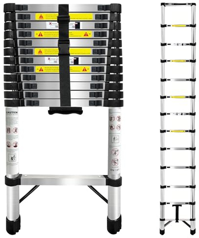 Telescopic Ladder,3.2M Stainless Steel Loft Ladder, Extension Ladder Portable Extendable Multi-Purpose Step Ladder with Non-Slip Feet Safety Lock, Max Load 150kg/330lb for Roof Ladder ladders for home