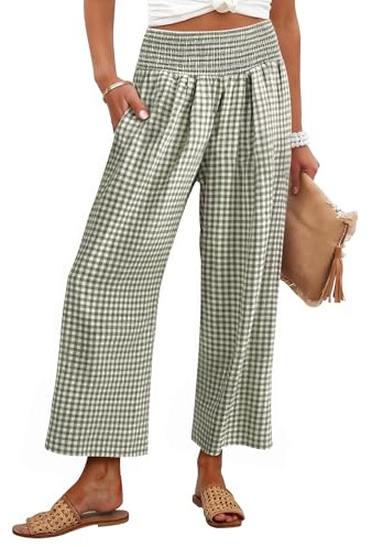 ANRABESS Women Striped Gingham Wide Leg Palazzo Pants Casual Lounge Cropped PJ Bottoms Comfy Cute Plaid Pants with Pockets Army Green White Plaid Medium