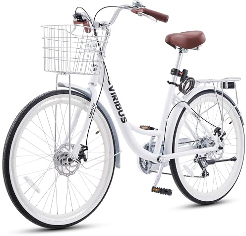 VIRIBUS Womens Bike with Lightweight Aluminum Alloy Frame, 7 Speed Beach Cruiser Bike for Women with Front Basket & Rack, Step-Through Bicycle for Women with Disc Brakes, 24 in. White 330 lb.