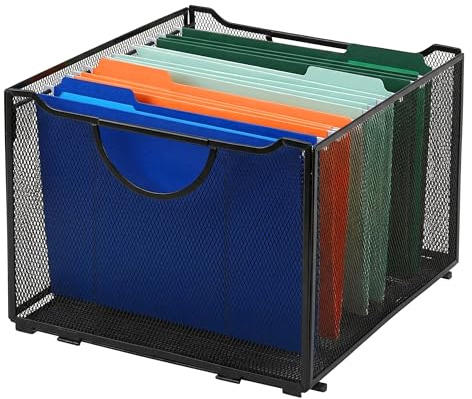 Relaxdays Scatola Portadocumenti per cartelle sospese, AxLxP: 26 x 39 x 34 cm, con Manici, Acciaio, impilabile, Nera