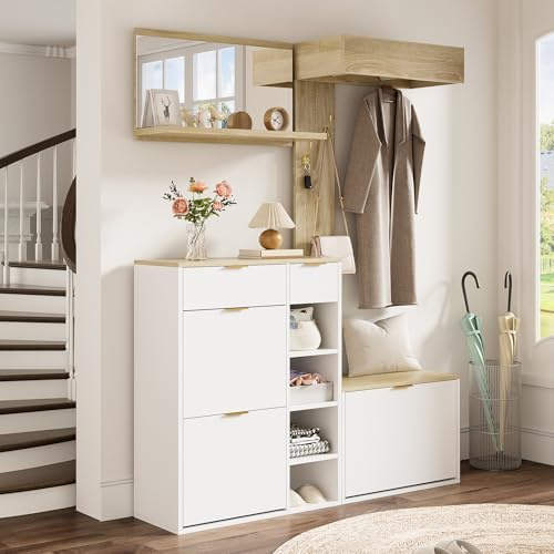 Set di 4 appendiabiti da corridoio, con scarpiera, panca, specchio da parete e lavagna, set completo di appendiabiti da parete con ripiano, elegante mobile per ingresso, naturale e bianco, 130 x 30 x