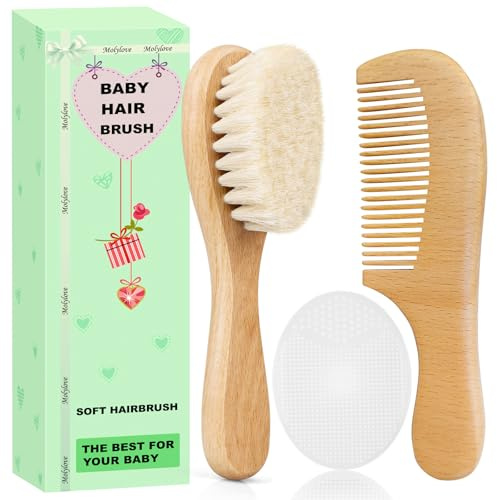 Molylove 3 st babyhårborste och kam set för nyfödda och småbarn | babyborste i trä med mjuka getborst l träkam l vit Cradle Cap borste | Perfekt för cradle cap