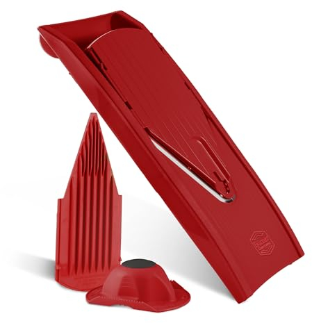 Börner Affettaverdure V1 (Set Base) • Affettatrice a V con 2 Inserti & Portaverdure • Mandolina Regolabile per Verdure & Frutta • Tagliaverdure per Fette in 3 Spessori • Rosso