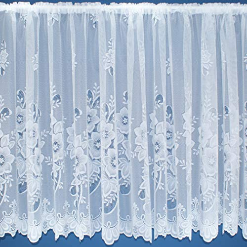 White Floral Contemporary Window Lace Net Curtain With Scalloped Bottom. 48inch (122cm) drop. Sold by the metre by Kelly's Soft Furnishings