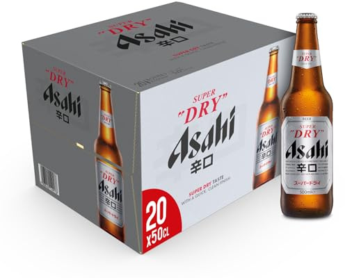 Asahi Super Dry Birra Premium Dry Lager, Cassa Birra con 20 Birre in Bottiglia da 50 cl, 10 L, Birra Giapponese dal Gusto Pulito, Secco e Rinfrescante, Gradazione Alcolica 5%