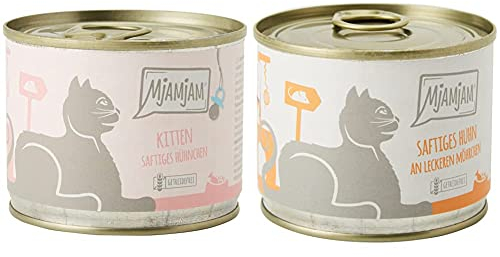 MjAMjAM - Premium Nassfutter für Katzen - Kitten saftiges Hühnchen mit Lachsöl, 6er Pack (6 x 200 g) & Premium Nassfutter für Katzen - saftiges Huhn an leckeren Möhrchen, 6er Pack (6 x 200 g)