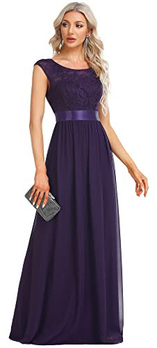 Ever-Pretty Dentelle Robe de Soirée Longue Femme Taille Empire en Mousseline Demoiselle d'honneur Élégante Violet Foncé 52