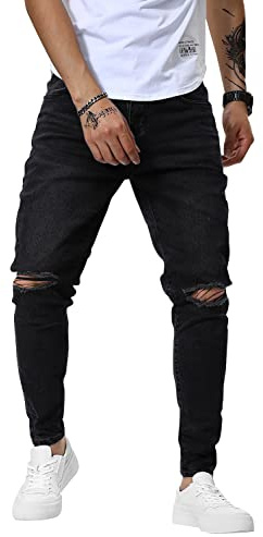 Woenzaia Jeans för män smal passform skinny denim stretch avsmalnande jeansbyxor, #a Svart knä rippat, 50