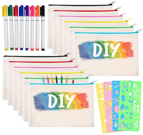 JOKILY 12 Sacs en Tissu Vierge DIY, Trousse de Maquillage en Toile avec Fermeture éclair - Sacs en Tissu à Peindre avec 4 Modèles de Dessin pour le Travail, l'École, les Voyages