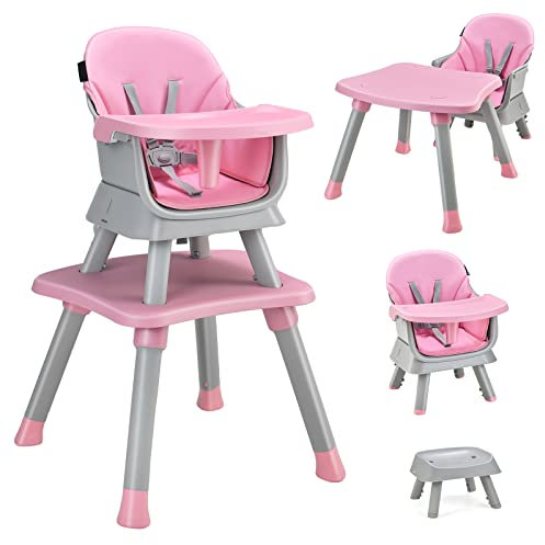 DREAMADE 6 en 1 Chaise Haute Bébé 6-36 Mois avec Plateau Amovible Table et Chaise Tout-Petits Evolutive avec Harnais à 5 Points,Pieds Antidérapants,Charge 25 KG (Rose)