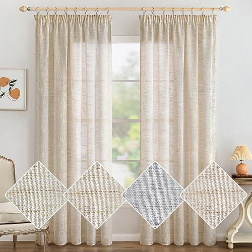 MIULEE Linne Gardiner Sovrum Genomskinliga Inredningsgardiner Med Krullband Moderna Gardiner Vardagsrum Transparent Vardagsrum 140 x 225 cm Naturlig 2 Paneler