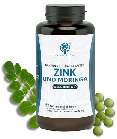 Zinco 15mg Integratore Prodotto in Italia | 300 Compresse Vegane | 100% VNR di Zinco giornaliero | Utile per Acne, Sistema Immunitario, Capelli, Unghie e Ossa | L'unico con Moringa BIO RedMoringa®