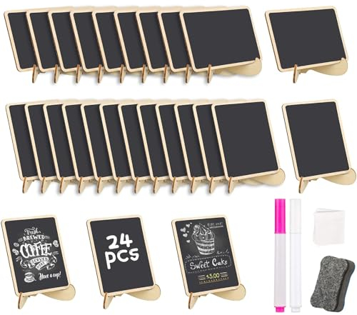 24pcs Mini Tableau Noir avec Support, Tableau Ardoise Enfant, Petits Tableaux Noirs, Petit Panneau Carré pour écrire avec des Marqueurs de Craie Effaçables pour Cartes De Place d'anniversaire (24)
