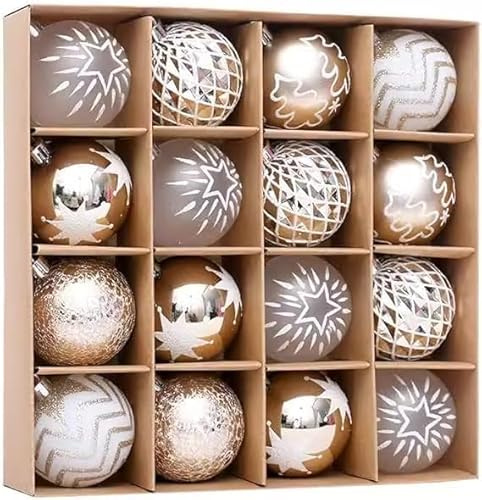 SHANJIA Weihnachtsbaum-Dekorationen, 16 PCS Champagner-Gold-weiße Weihnachts-Ornamente-Kugeln, bruchsichere hängende Ornamente-Kit für Weihnachten