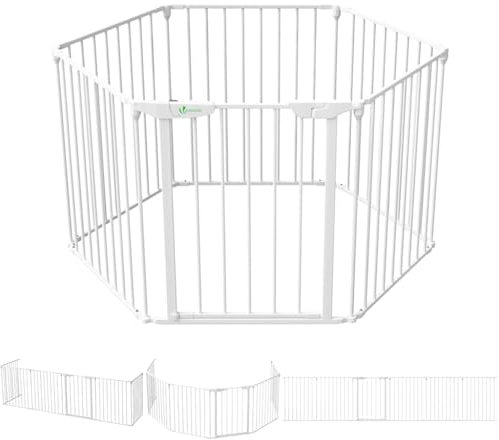 VOUNOT® Barrera de Seguridad Multifunción 6 Paneles, Rejilla de Protección de Metal para Chimenea Puertas Escaleras, Parque Recinto para Perros Corralito para Mascotas Valla Plegable, 74x375 cm Blanco