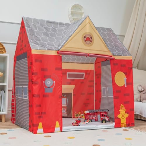 Selonis Playhouse Play Tent For Kids Fire Station Durable And Creative Adventure 110X80x115cm Space Realistic Fire Truck Details Easy Assembly For Indoor And Outdoor Use Spacious Interior, Red