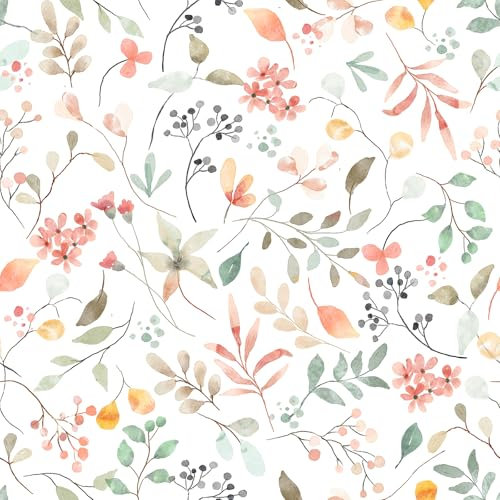 VaryPaper Papier Peint Feuillage et Fleuri Aquarelle 44.5cmx200cm Rouleau Adhesif Decoratif Film Adhesif pour Meuble Papier Mural Adhesif Chambre Salle de Bain Imperméable Stickers pour Armoire
