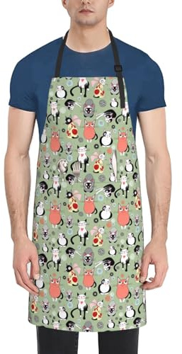 Tablier de cuisine en tissu Oxford avec motif chats de dessins animés pour adultes, noir, taille unique