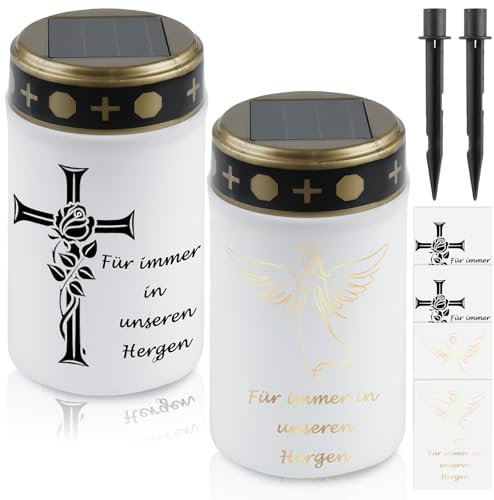 GAOUTO 2 unidades de luz solar LED para tumbas con estaca, vela solar impermeable con 4 pegatinas, vela de cementerio al aire libre, funciona con energía solar con sensor de luz, velas para exteriores