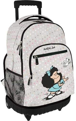 Grafoplas - Mochila con Carro Integrado, Mafalda Bird, Ruedas Dobles, 29 Litros, 52x37x25cm, Modelo Roller, Perfecto Material Escolar para Infantil y Primaria