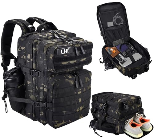 LHI Mochila táctica de estilo militar de 45 l con sistema MOLLE, resistente al agua, para senderismo, supervivencia, camping y actividades al aire libre, Compartimento para zapatos (Black Cp), M
