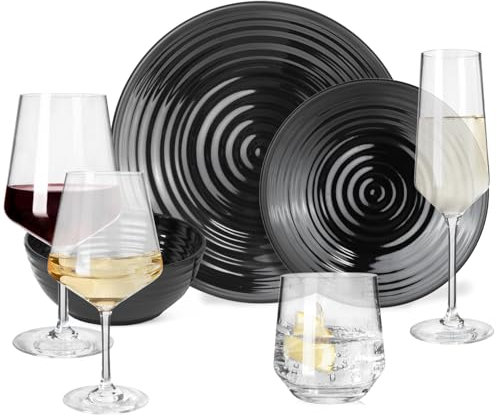 Vaisselle de camping en mélamine pour 4 personnes - Noir pierre foncé + 16 verres Milano - Verres à eau - Verres à vin - Verres à champagne - Vaisselle de table - Pour pique-nique et barbecue