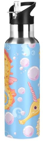 Mnsruu Botella de agua de burbujas de caballito de mar, termo de acero inoxidable, aislada al vacío