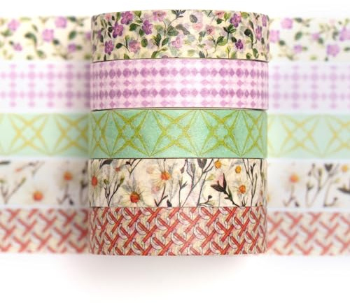 Songdao Washi Tape Set 5 rullar texturkonst maskeringstejp grundläggande mönster dekorativ tejp för scrapbooking, bullet dagbok, planerare, presentförpackning (7 blommig bris)