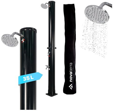 NovaTerra Douche solaire noire avec réservoir de 35 l – Douche de jardin et de camping avec pommeau de douche à effet pluie, douche pour pieds, capot de protection et bac de rangement – Système de