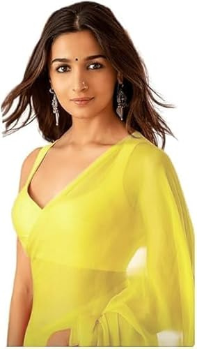 ETHNICMODE Indian Saree For Women Plain Georgette Party Wear Lemon Yellow Sari With Unstitched Lemon Yellow Blouse Piece-1232