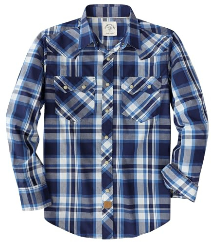 Dubinik® Camisas para Hombre Vaqueras Manga Larga de Algodón con Botones a Presión Estilo Western de Trabajo Tipo Leñador Azul y Blanco XL