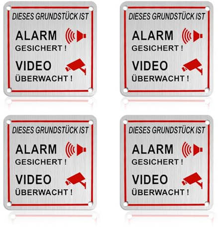 Lot de 4 autocollants « Dieses Grundstück Ist Videoüberwacht Alarmgesichert » - Panneau d'avertissement vidéosurveillance - Panneau d'avertissement - 10 x 10 cm