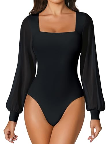 Avidlove Womens Square Neck Bodysuit Mesh Puff Long Sleeve Thong Bodysuits Leotards Going Out Tops
