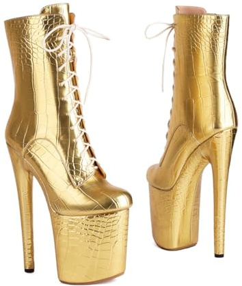 YhdtHSF Stivaletti da Donna Autunnali con Plateau Alto da 20 cm, Tacco a Stiletto, Cerniera, Lacci e Punta Rotonda,d'oro,41 EU