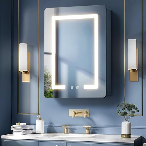 LNZHAO Bathroom Mirror Cabinets with Led Lights, Aluminum Alloy Wall Mounted Bathroom Cabinet Led Bathroom Mirror, 3 Colors Anti Fog, Adjustable Shelves, Touch Sensor, Concealed Storage